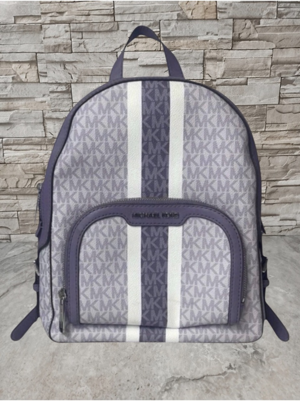 Michael Kors Jaycee Backpack MK Logo Purple & White Orchid Haze Center Stripe